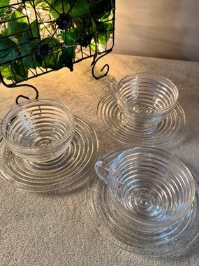 Set of 6 Anchor Hocking Manhattan Depression Ribbed Glass 3- TCups &  6” Saucers